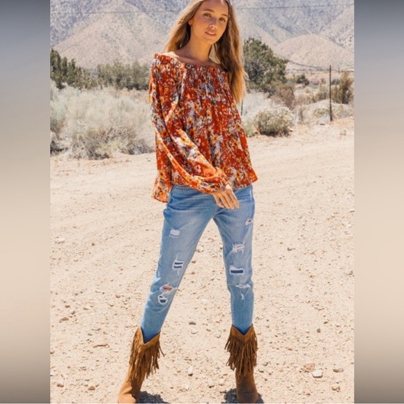 Bohemian Off the Shoulder Rust Orange Floral Top | Lightweight & Stylish - Picture 5 of 6